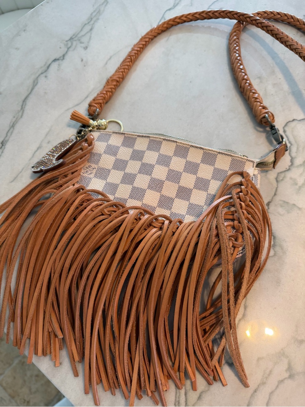 Louis Vuitton Beige Checkered Fringe Crossbody Bag with Tan Strap! Rodeo!